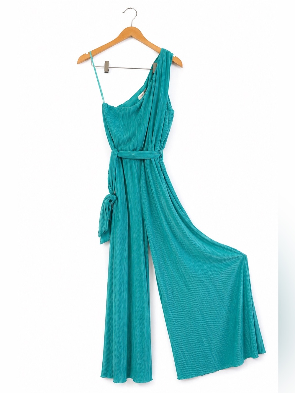 She + Sky Teal One Shoulder Pleated Jumpsuit Medium NWT | Wedding Guest Vacation